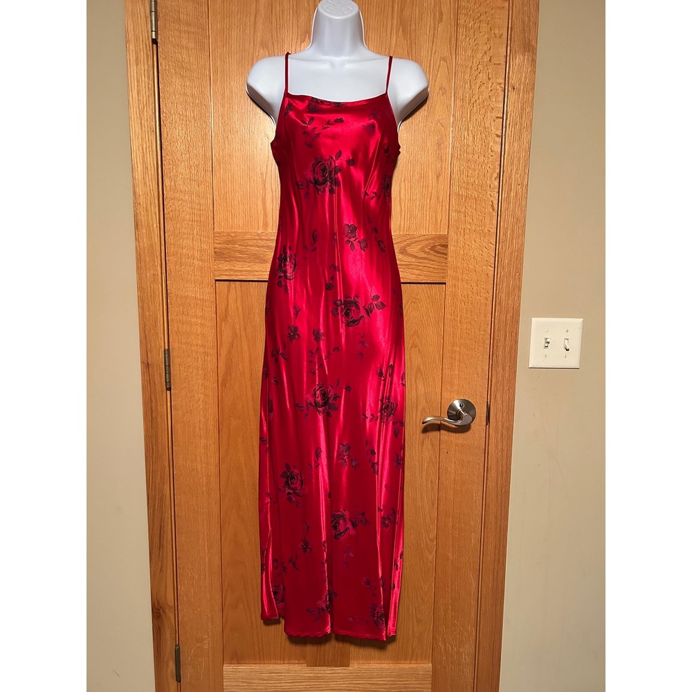 Vintage Byer Too! California Red Satin Rose Floral Maxi Slip Dress Size 5 Small